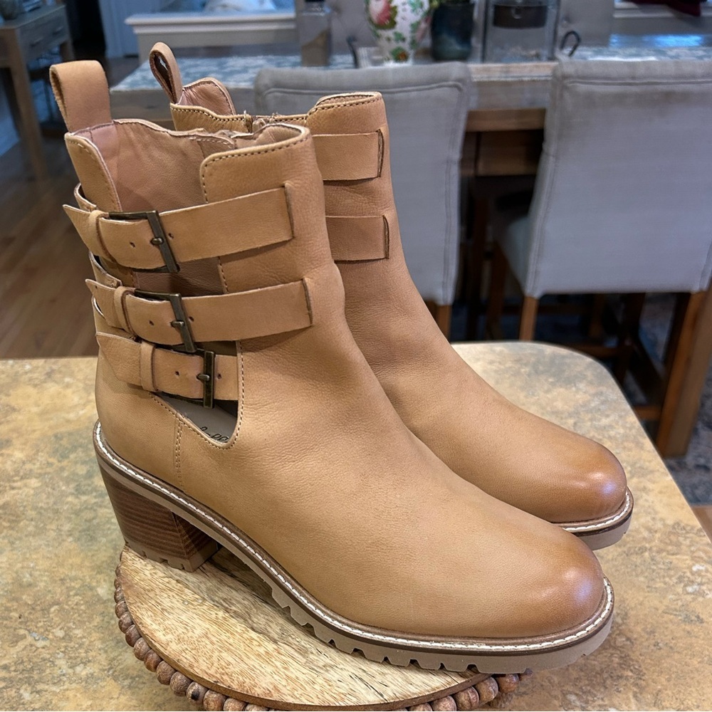 Seychelles Give it a Whirl Nubuck Tan Ankle Boots with Buckle Strap Detail